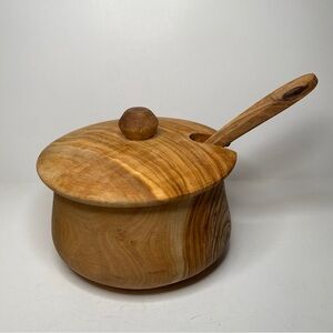 Olive Wood Sugar Bowl With Lid & Spoon Handmade Vtg Cottagecore Boho Goblin Farm